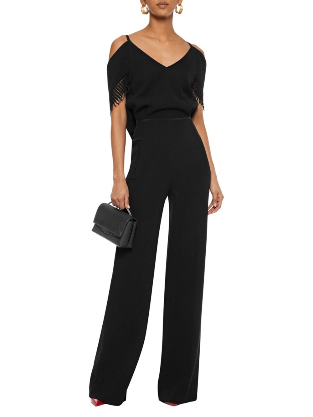ROLAND MOURET Black Wool Off-the-Shoulder Wide-Leg Burnstein Jumpsuit US 12